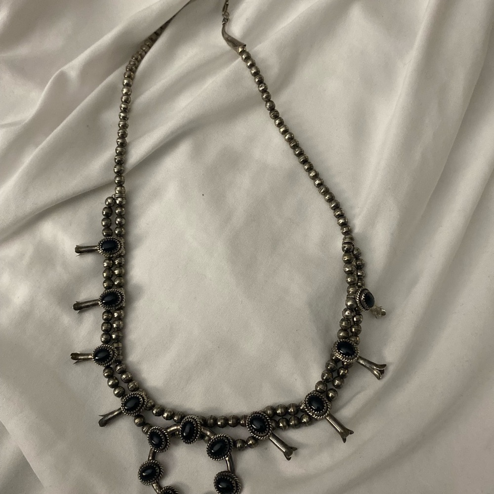 Silver and Blue Fringe Necklace with Beaded Chain